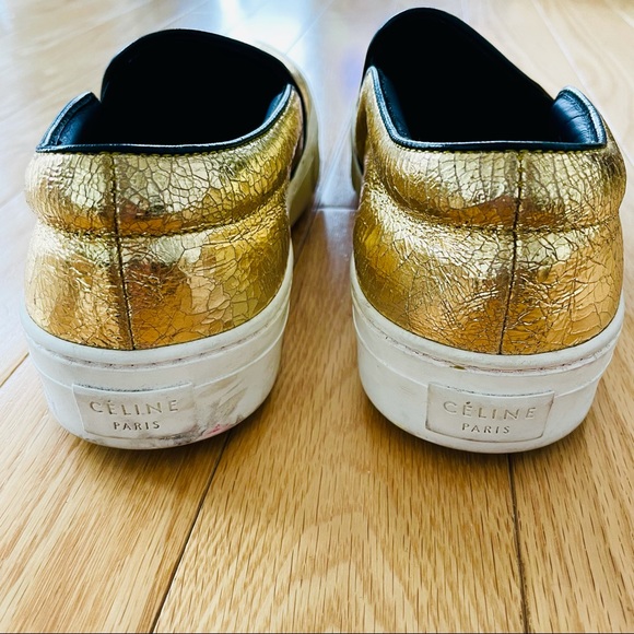CELINE Distressed Gold Leather Slip On Sneakers - Picture 7 of 8